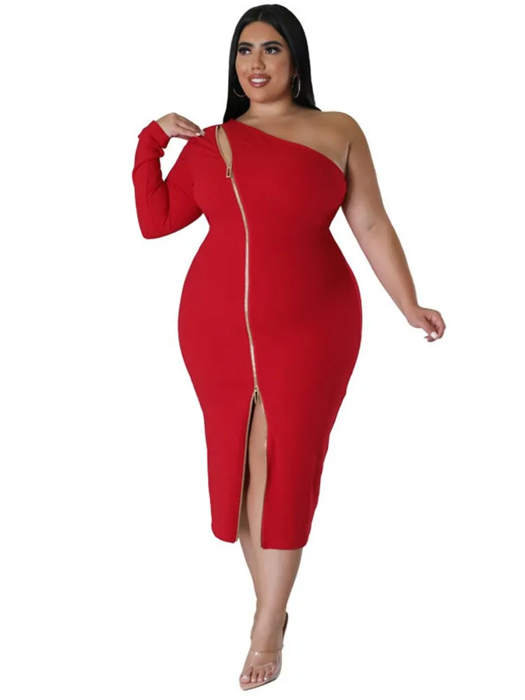 Women's Zipper Fashion Designer One Sleeved Midi Dresses (Plus Size)