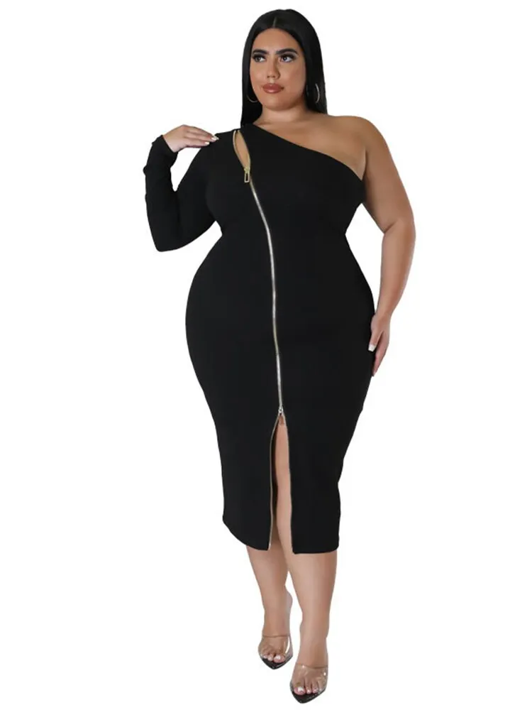 Women's Zipper Fashion Designer One Sleeved Midi Dresses (Plus Size)