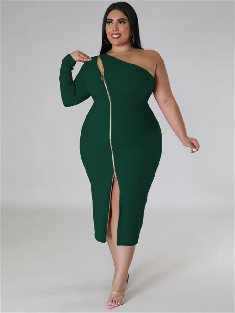 Women's Zipper Fashion Designer One Sleeved Midi Dresses (Plus Size)