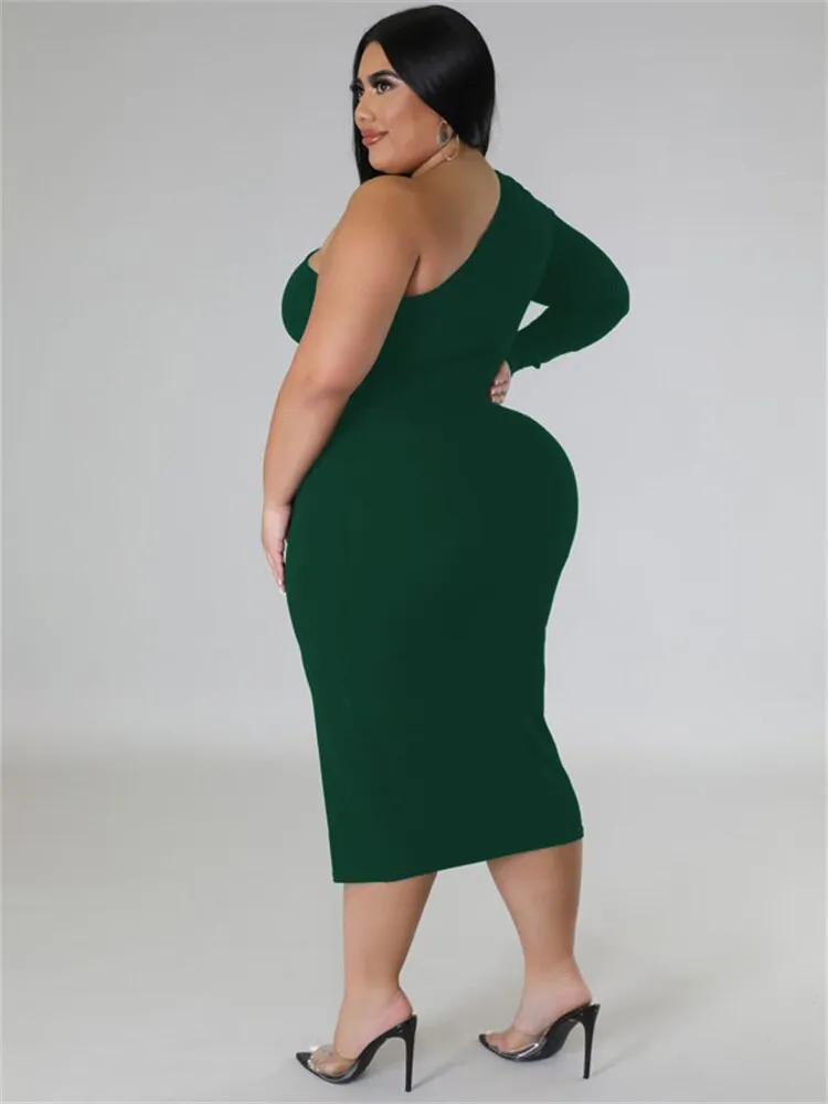 Women's Zipper Fashion Designer One Sleeved Midi Dresses (Plus Size)