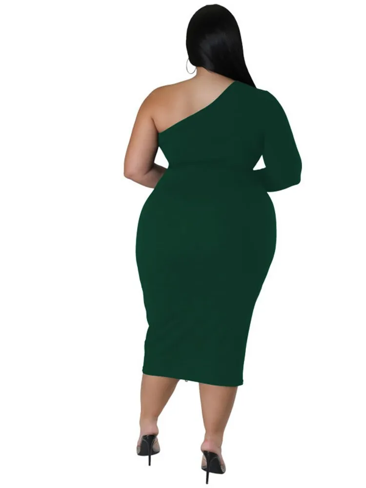 Women's Zipper Fashion Designer One Sleeved Midi Dresses (Plus Size)