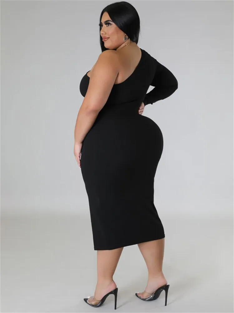 Women's Zipper Fashion Designer One Sleeved Midi Dresses (Plus Size)