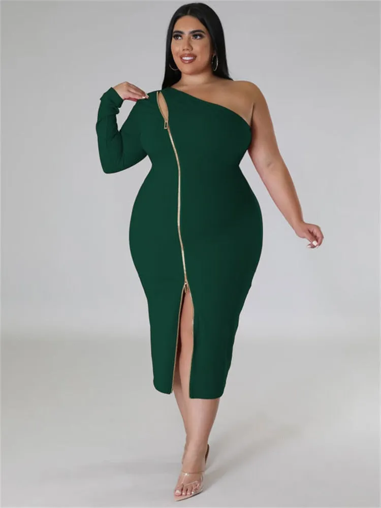 Women's Zipper Fashion Designer One Sleeved Midi Dresses (Plus Size)