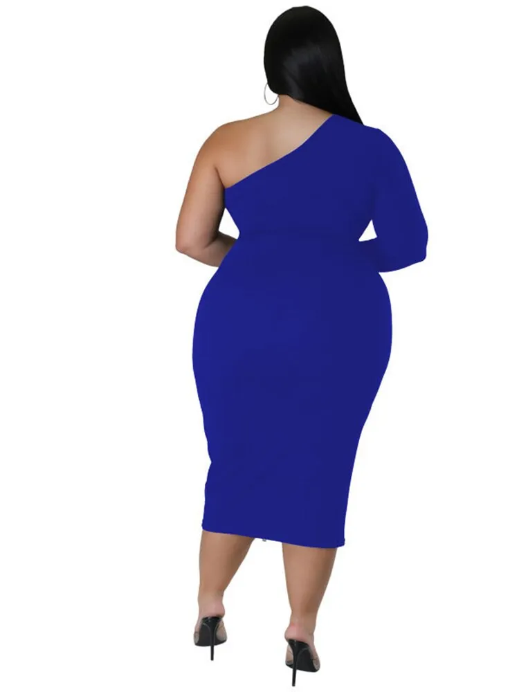 Women's Zipper Fashion Designer One Sleeved Midi Dresses (Plus Size)