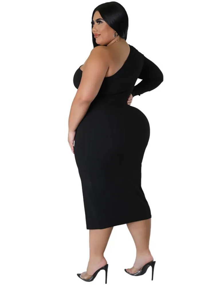Women's Zipper Fashion Designer One Sleeved Midi Dresses (Plus Size)