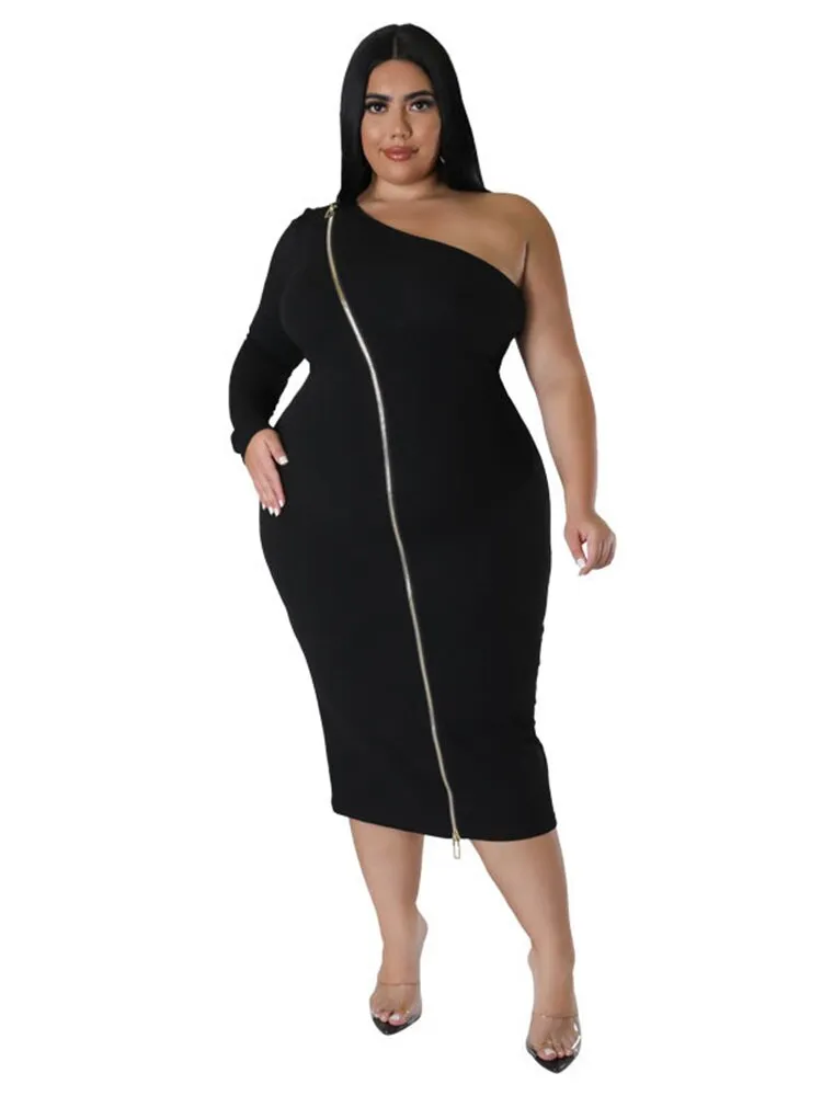 Women's Zipper Fashion Designer One Sleeved Midi Dresses (Plus Size)