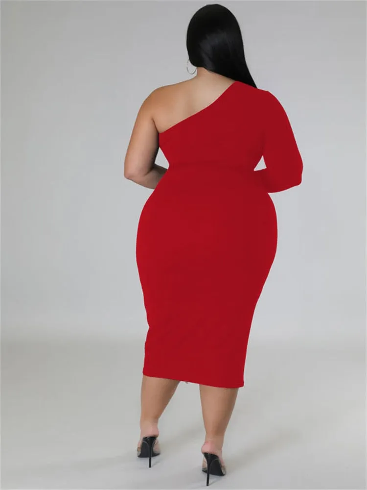 Women's Zipper Fashion Designer One Sleeved Midi Dresses (Plus Size)