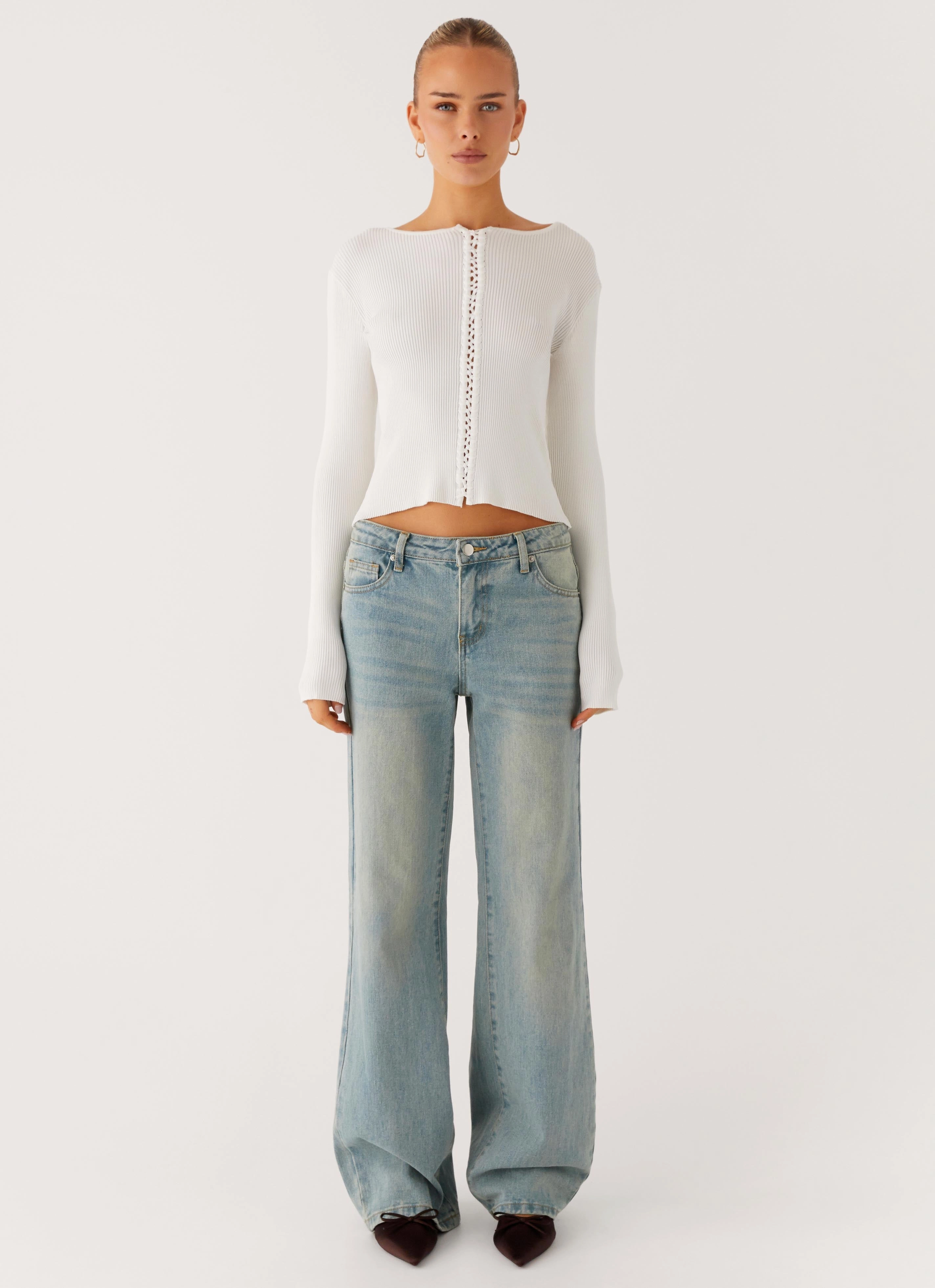 DropShoulder FrenchTerry Wonderwall Lace Up Long Sleeve Top - White