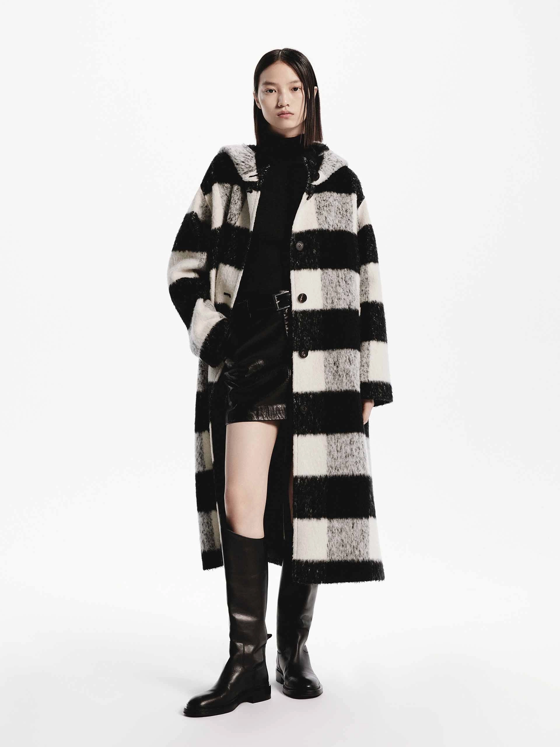 Wool Blend Plaid Long Coat