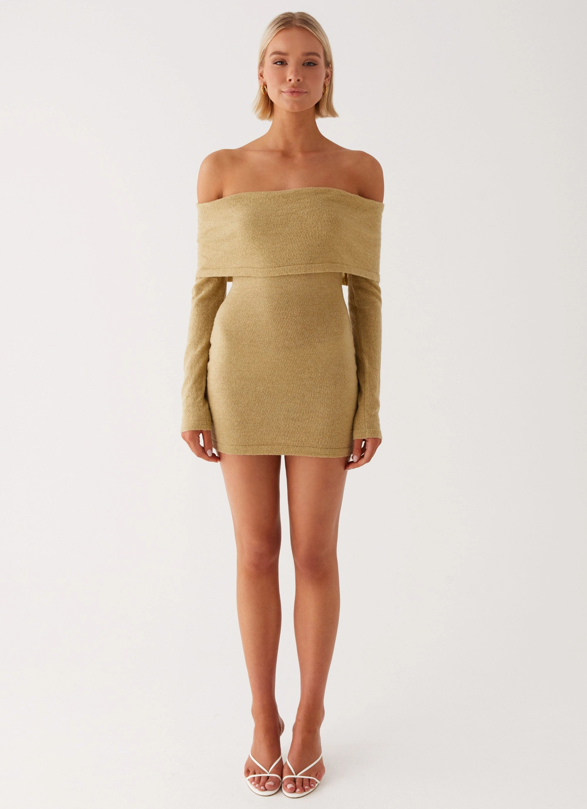 Myla Off Shoulder Mini Dress - Camel Tie-Detail