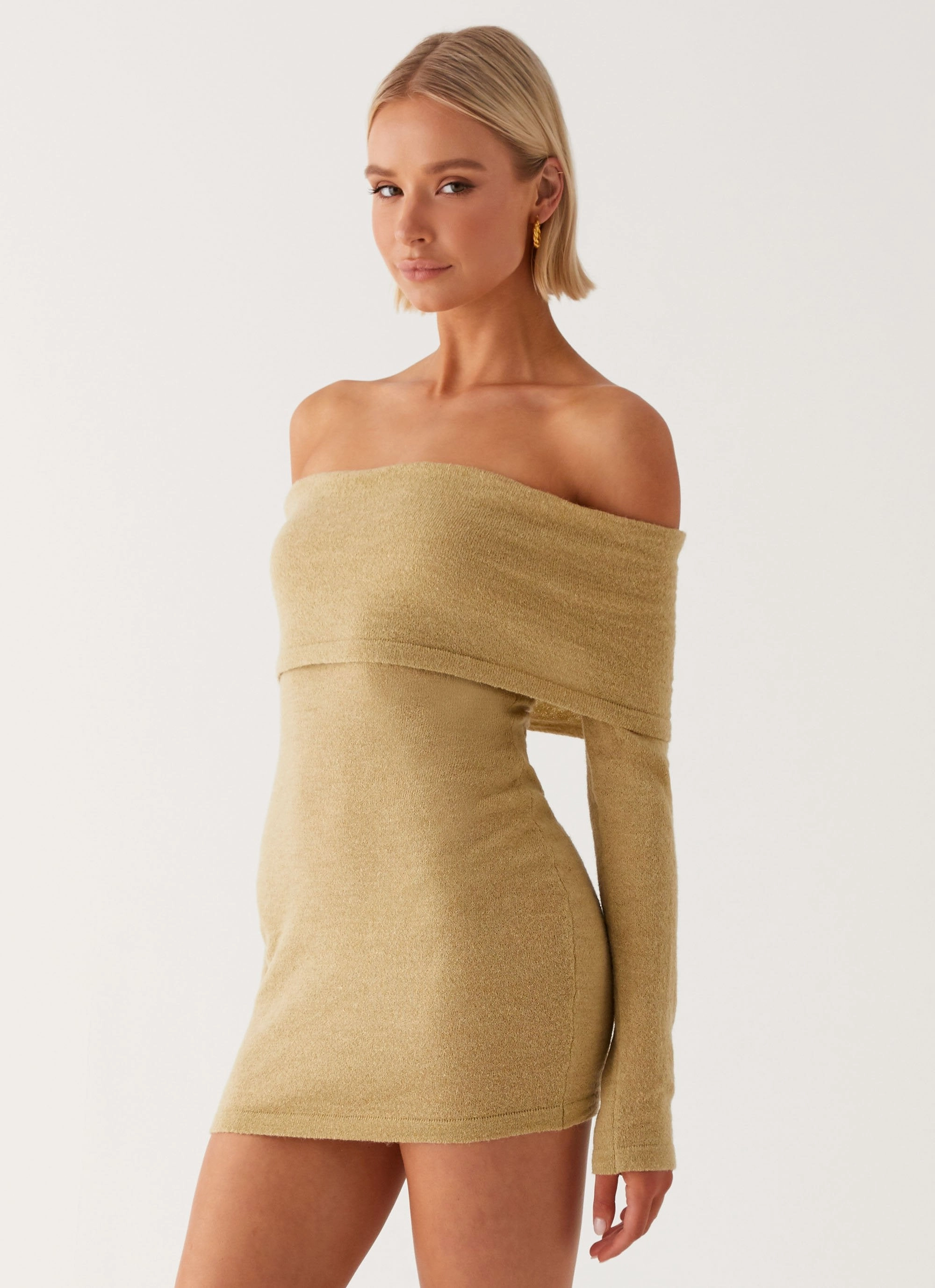 Polite Vibe Myla Off Shoulder Mini Dress - Camel