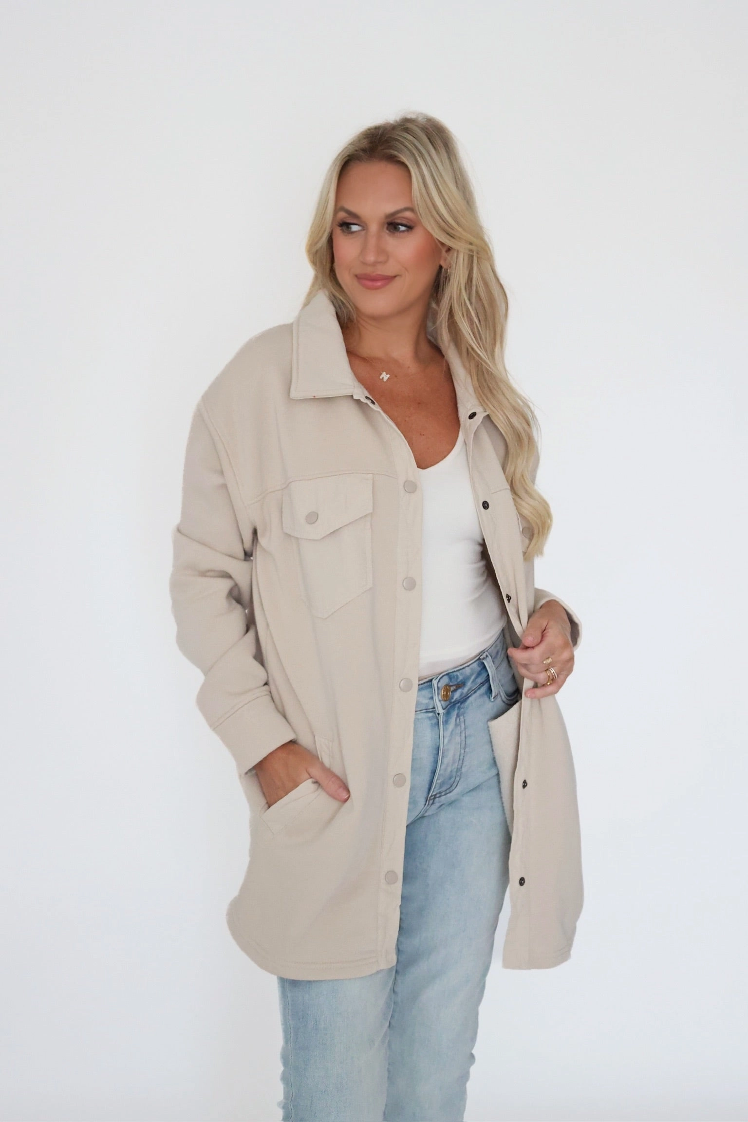 In A Snap Shacket- Natural Relaxed Sweatshirt