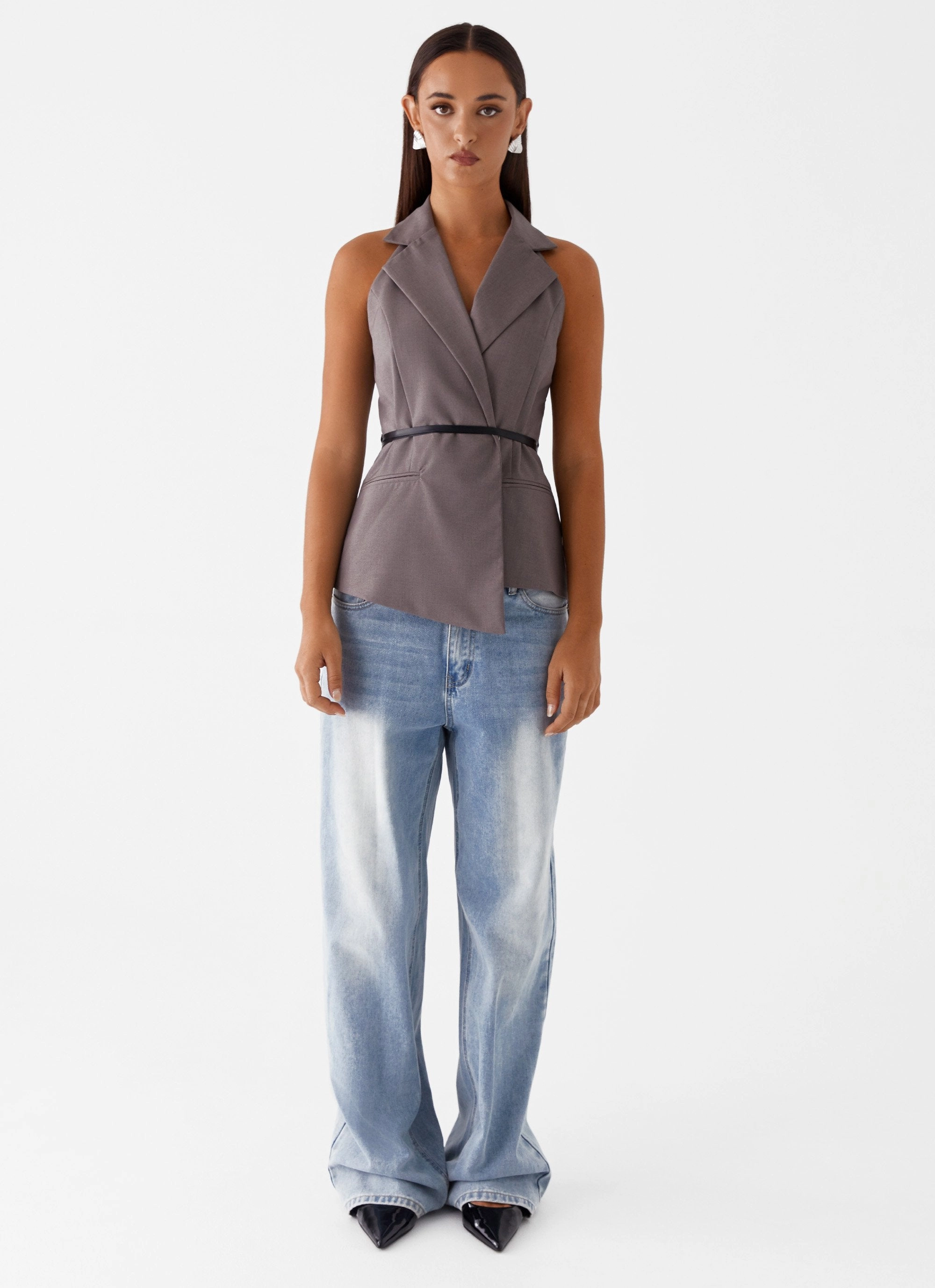 Bonded Seam Technique Adjustable Hem Marina Blazer Top - Grey