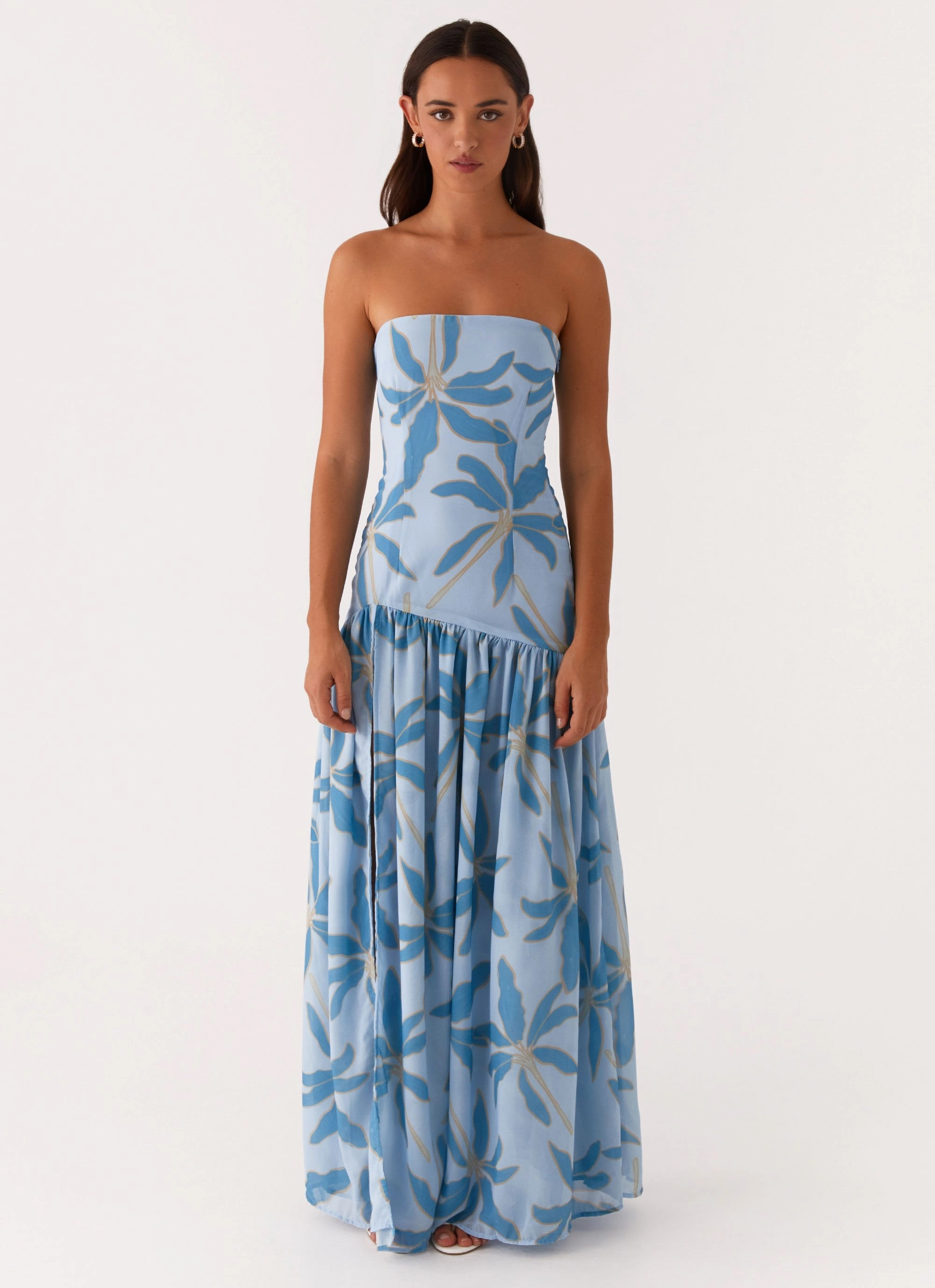Relaxed and Elegant Smooth Detail Eden Strapless Maxi Dress - Opulent Blue