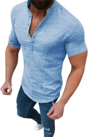 WUAI-Men Casual Short Sleeve Polo Shirts Beach Linen Cotton Yoga Summer Casual Henley V-Neck Tops Blouse