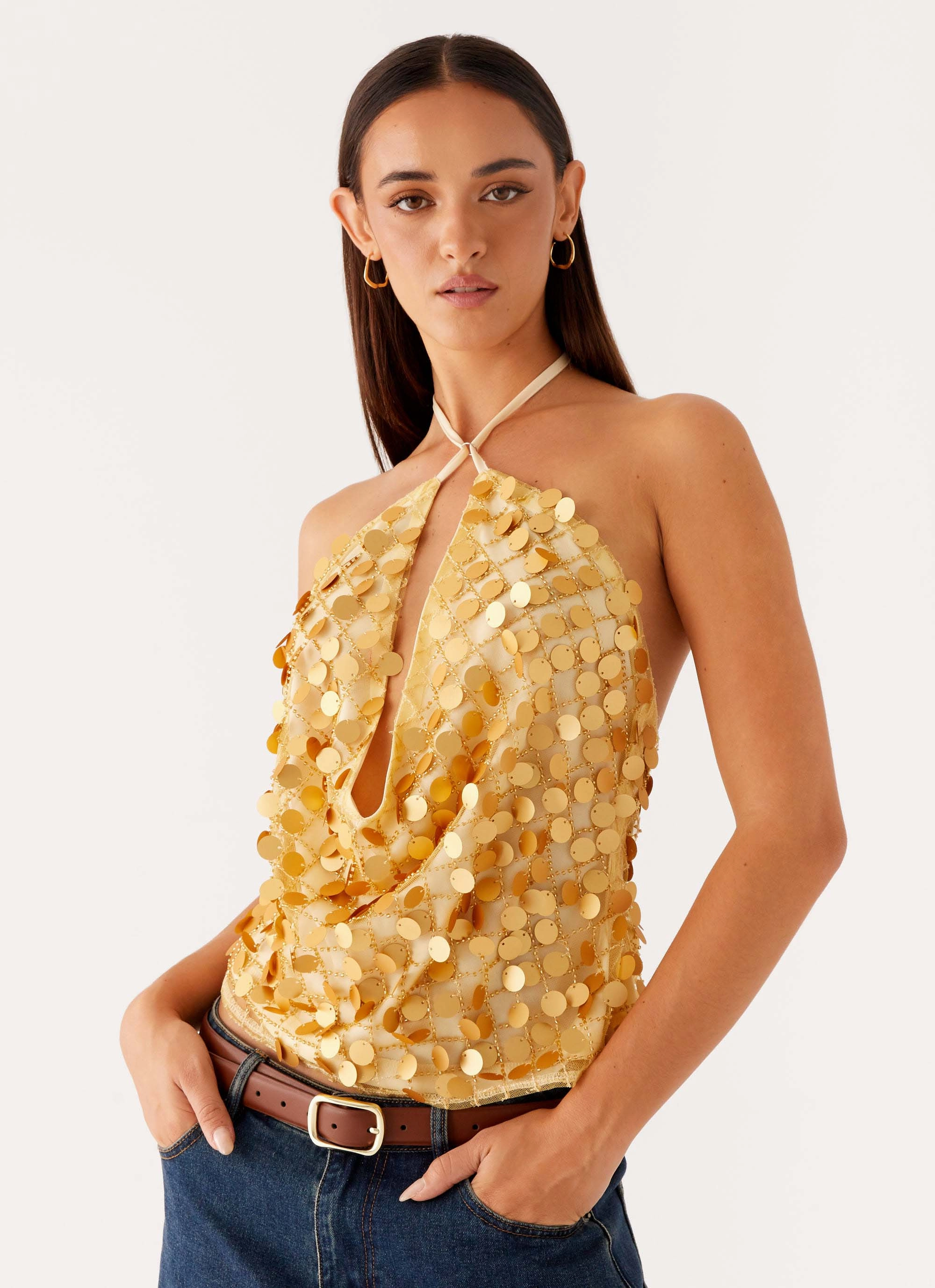 Four Way Stretch Material AbrasionResistant Fabric Xander Sequin Halter Top - Gold