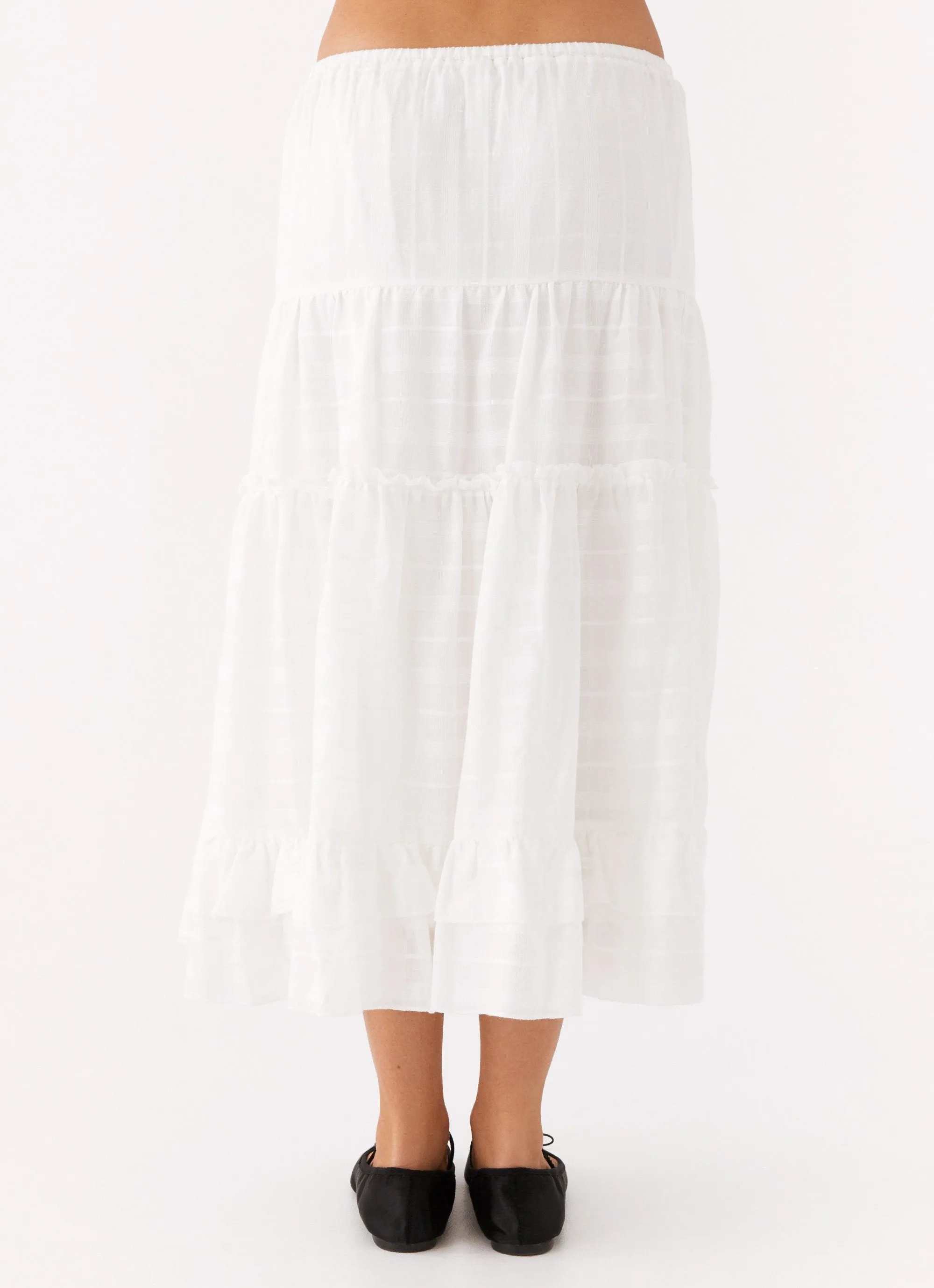 Beatrix Frill Midi Skirt - White High Shine Simple Outfit