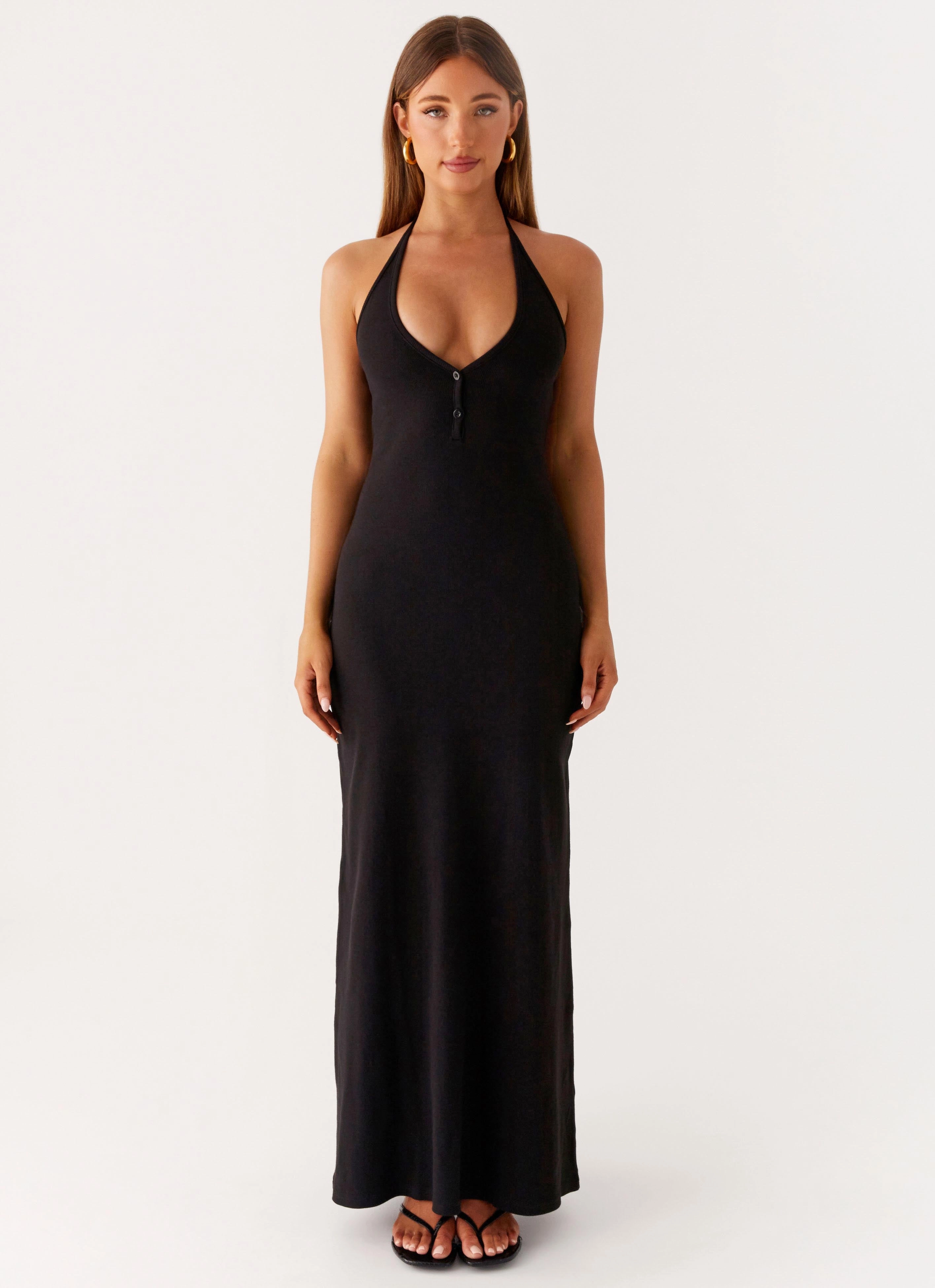 breathable fabric dress Fashion-Forward Fit Yaselle Button Front Maxi Dress - Black