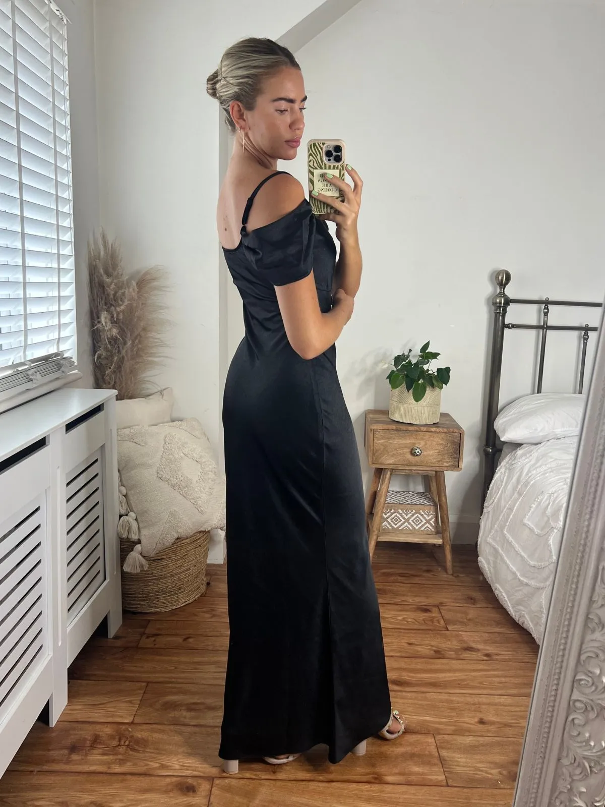 Lace Soft Felicity Cold Shoulder Satin Maxi Dress / Black