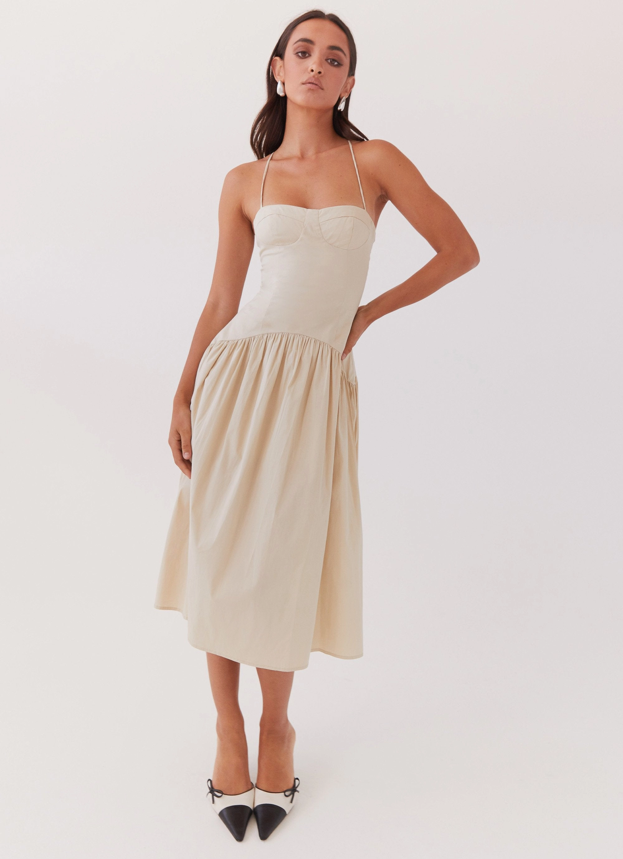 Smooth Feel Mesh-Sleeve Yvette Corset Midi Dress - Desert Sage