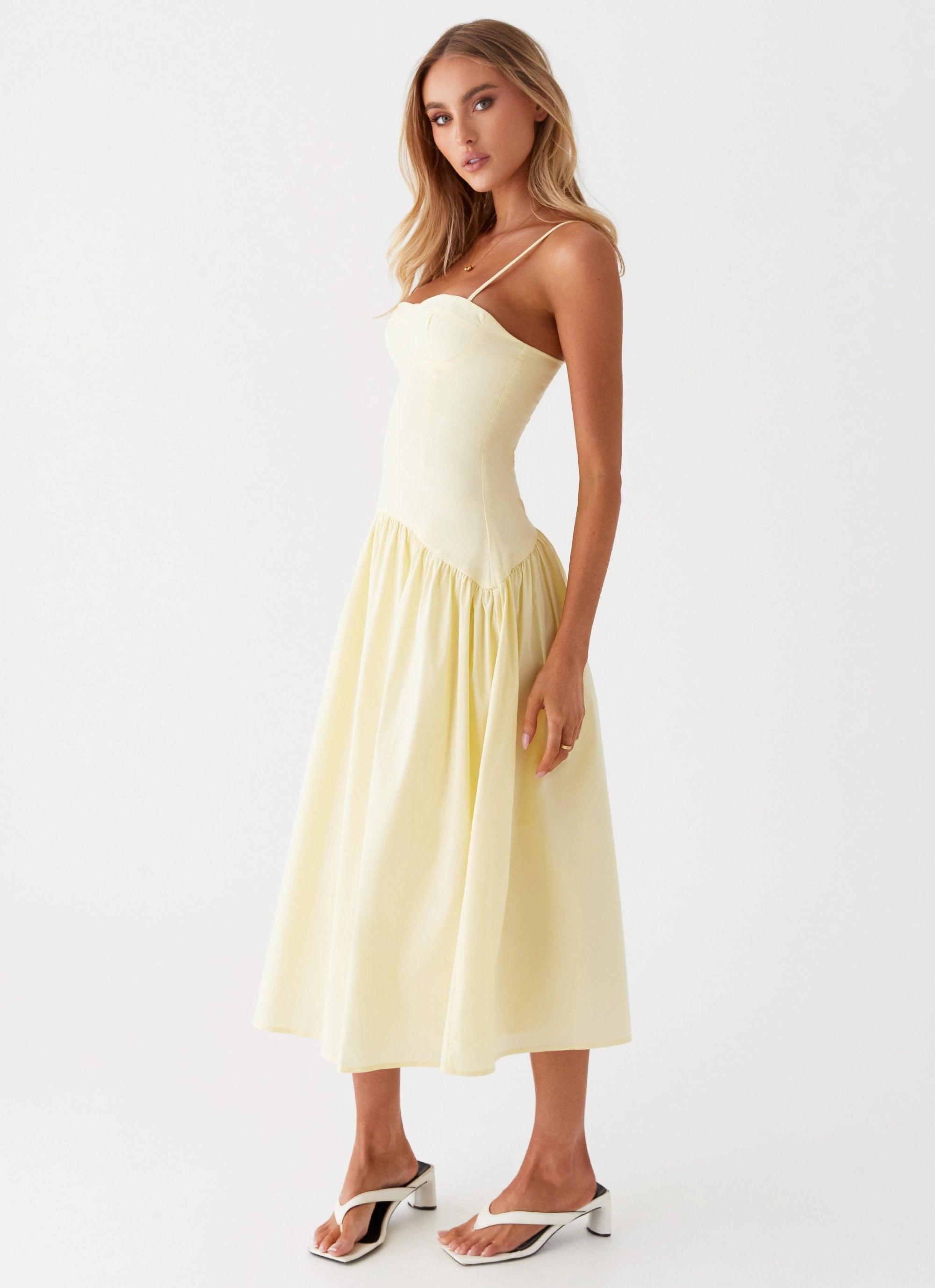 Yvette Corset Midi Dress - Yellow Back Detail LayeredHemline