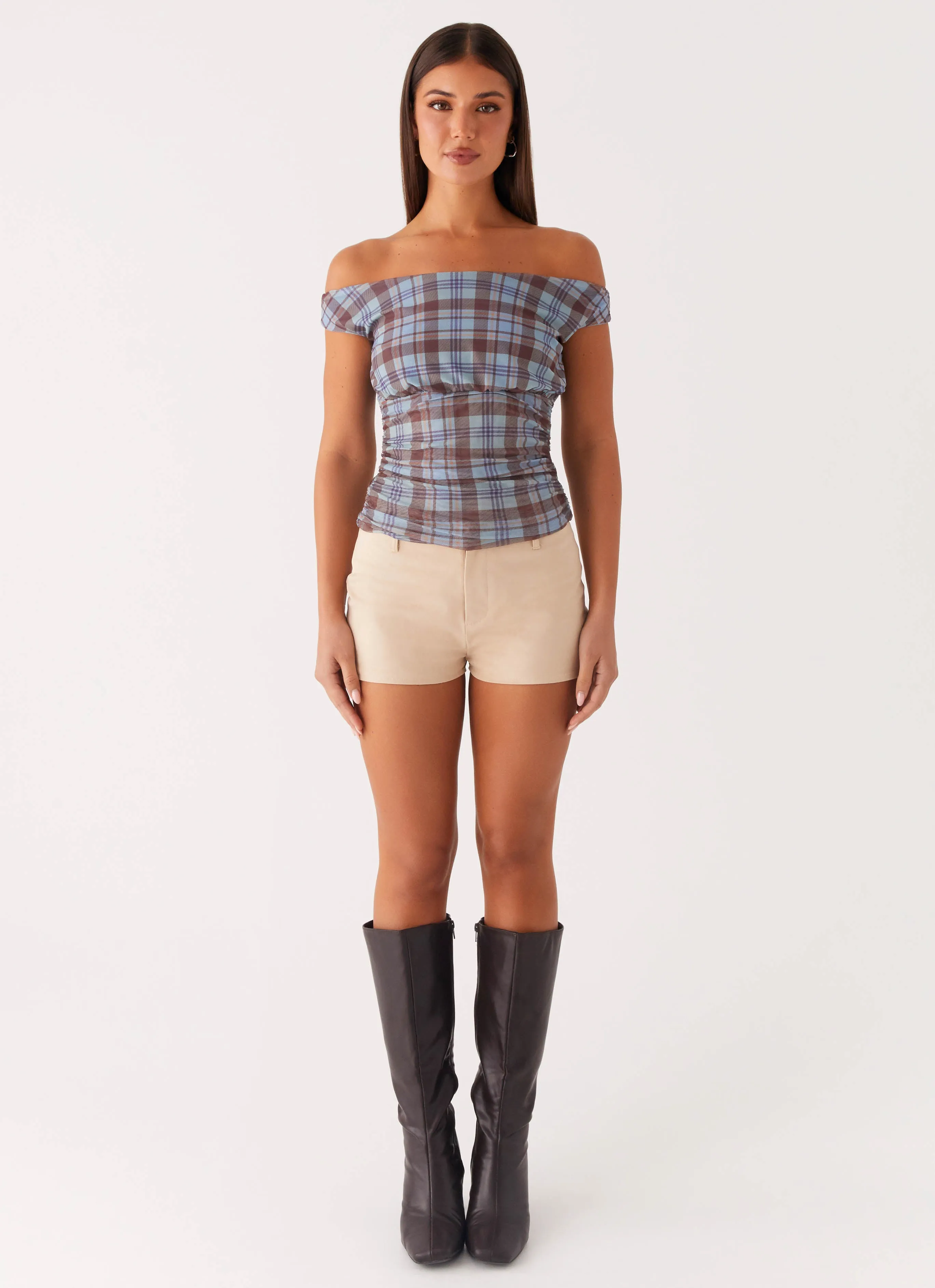 Zahli Off Shoulder Top - Shoreline Check DoubleLayeredShoulders Layered Ply Construction