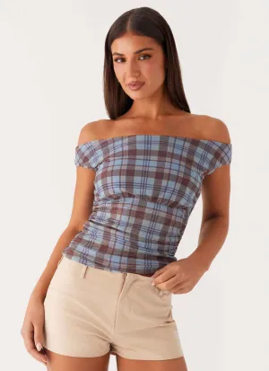 Zahli Off Shoulder Top - Shoreline Check Fashionable Shirt Soft Brushed Finish
