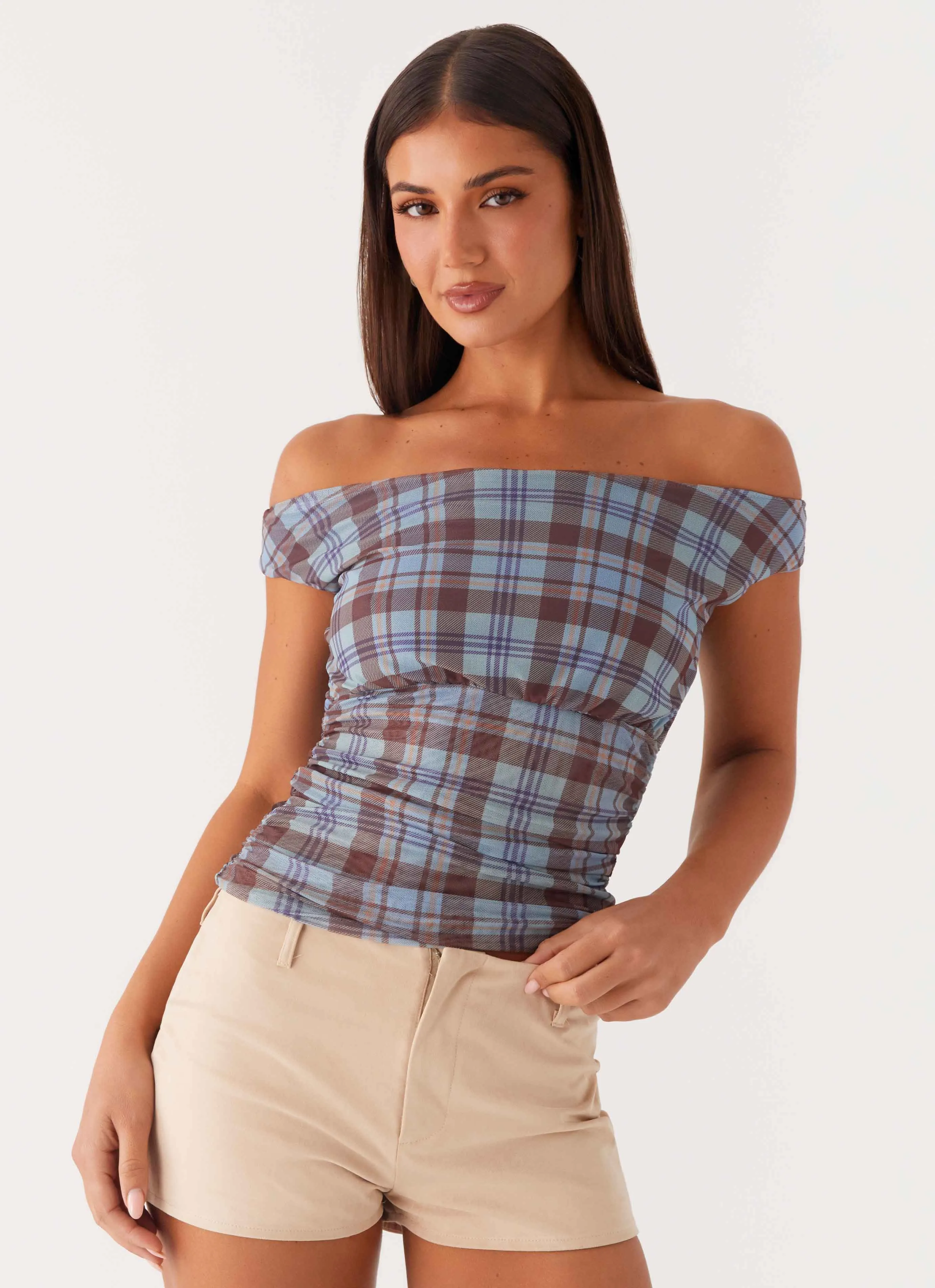 Zahli Off Shoulder Top - Shoreline Check Fashionable Shirt Soft Brushed Finish