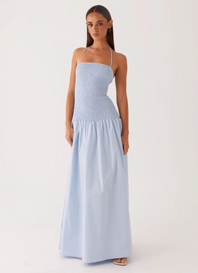 Zahra Maxi Dress - Blue Chic Minimal Zahra Maxi Dress - Blue Flattering Waistband Lounge Vibes