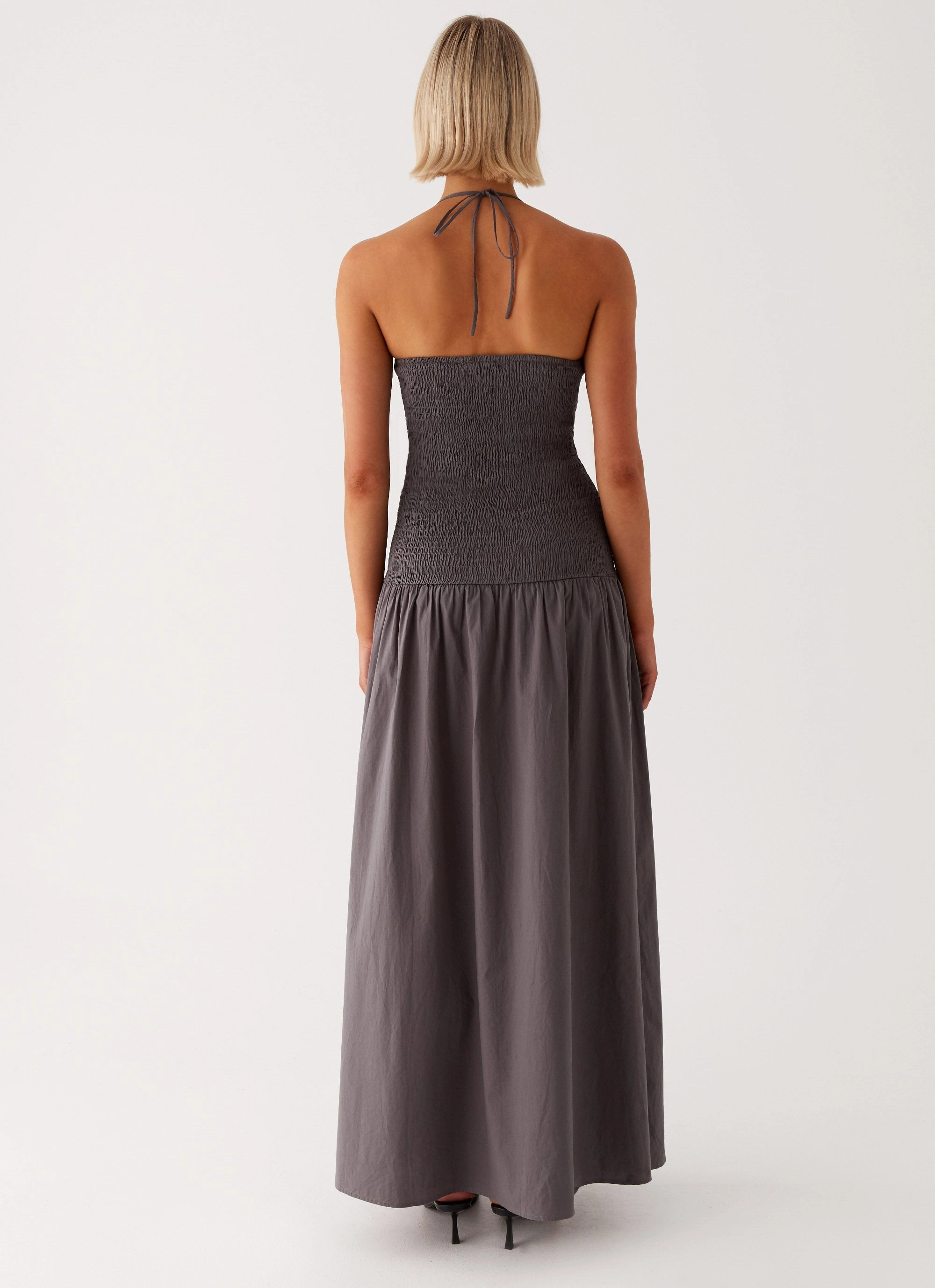 Zahra Maxi Dress - Charcoal V Neckline Clean Drape