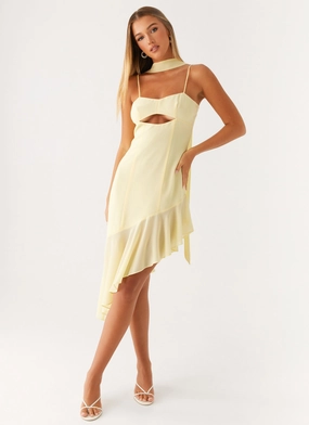 Zesty Asymmetrical Midi Dress - Yellow Bow Accent Zesty Asymmetrical Midi Dress - Yellow Calm Movement Smooth Detail