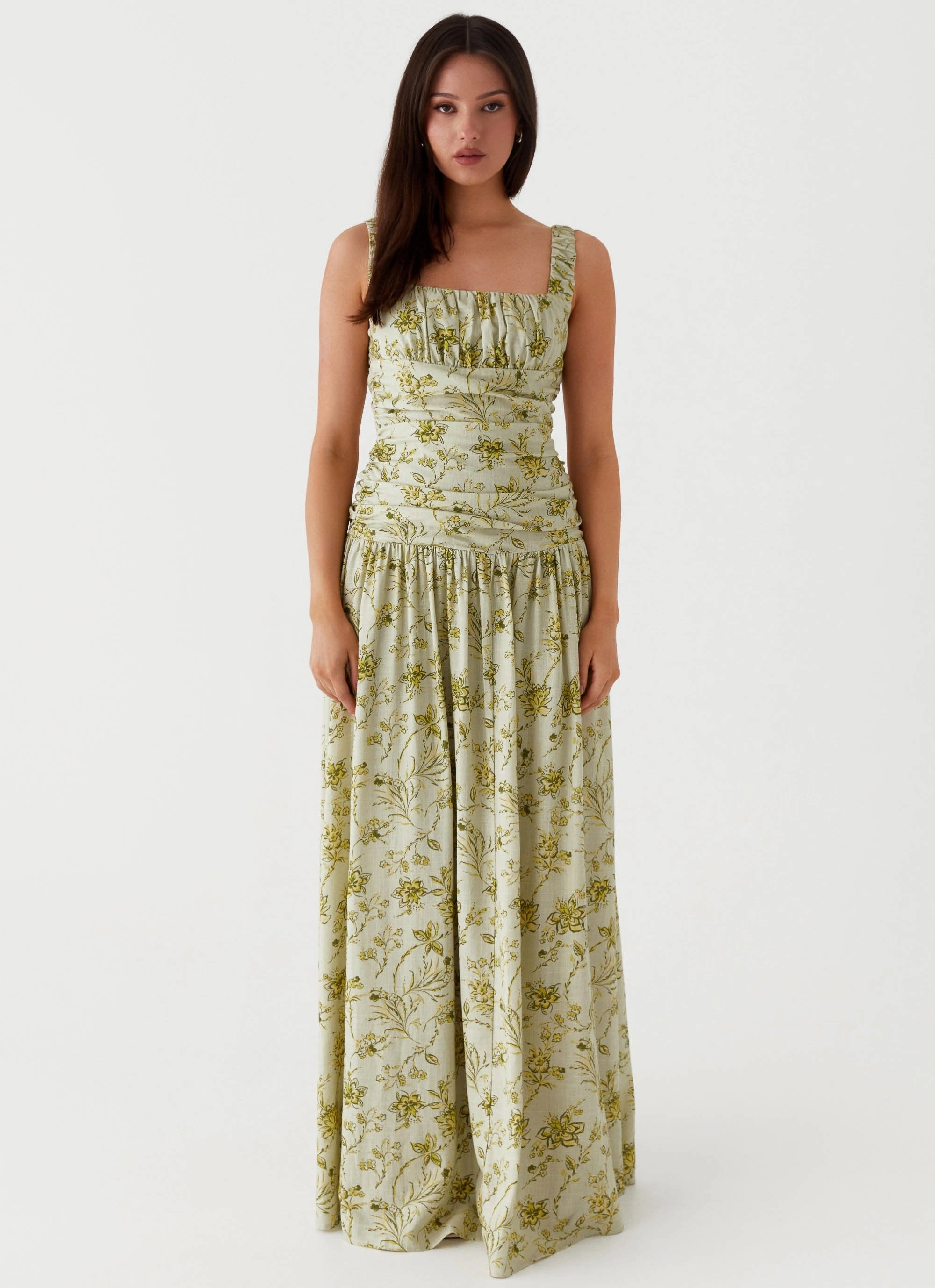 Zinna Linen Maxi Dress - Sage Floral Art Event Modern Waist