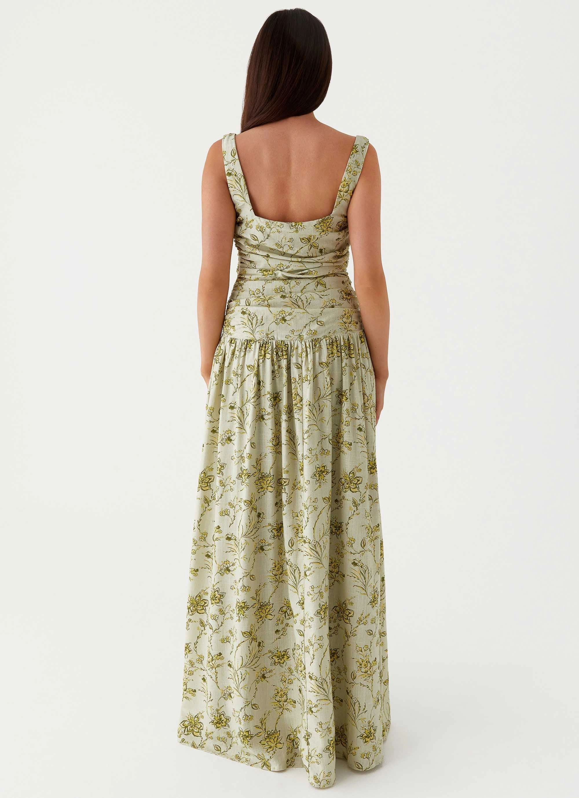 Zinna Linen Maxi Dress - Sage Floral Floral Pattern