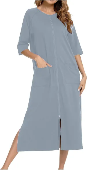 Zip Front Nightgowns for Women 3/4 Sleeve Nightshirt Loose Crewneck Sleepwear Soft Summer Sleep Dress with Pockets