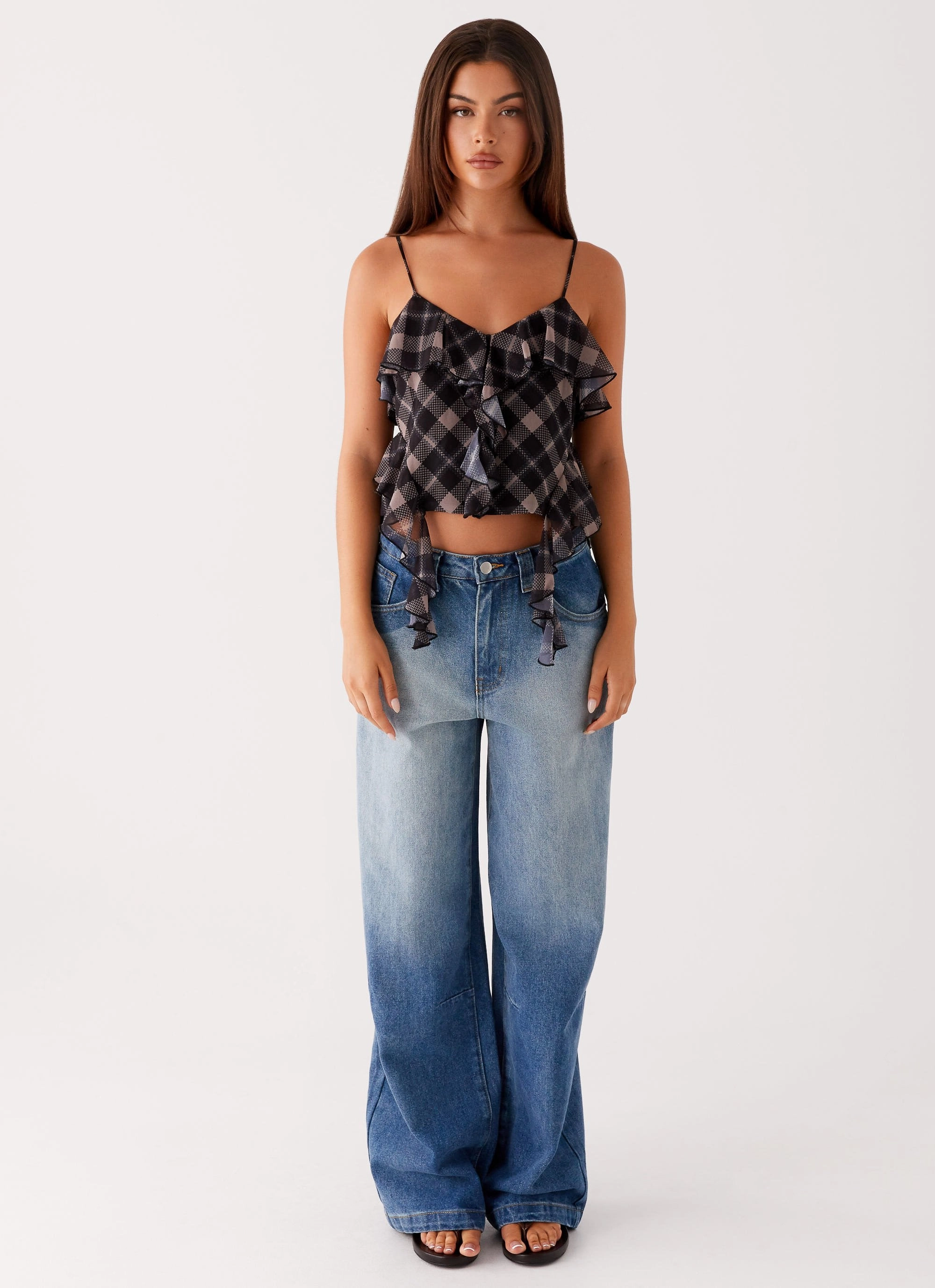 Jessie Cami Top - Taupe Check Retro design