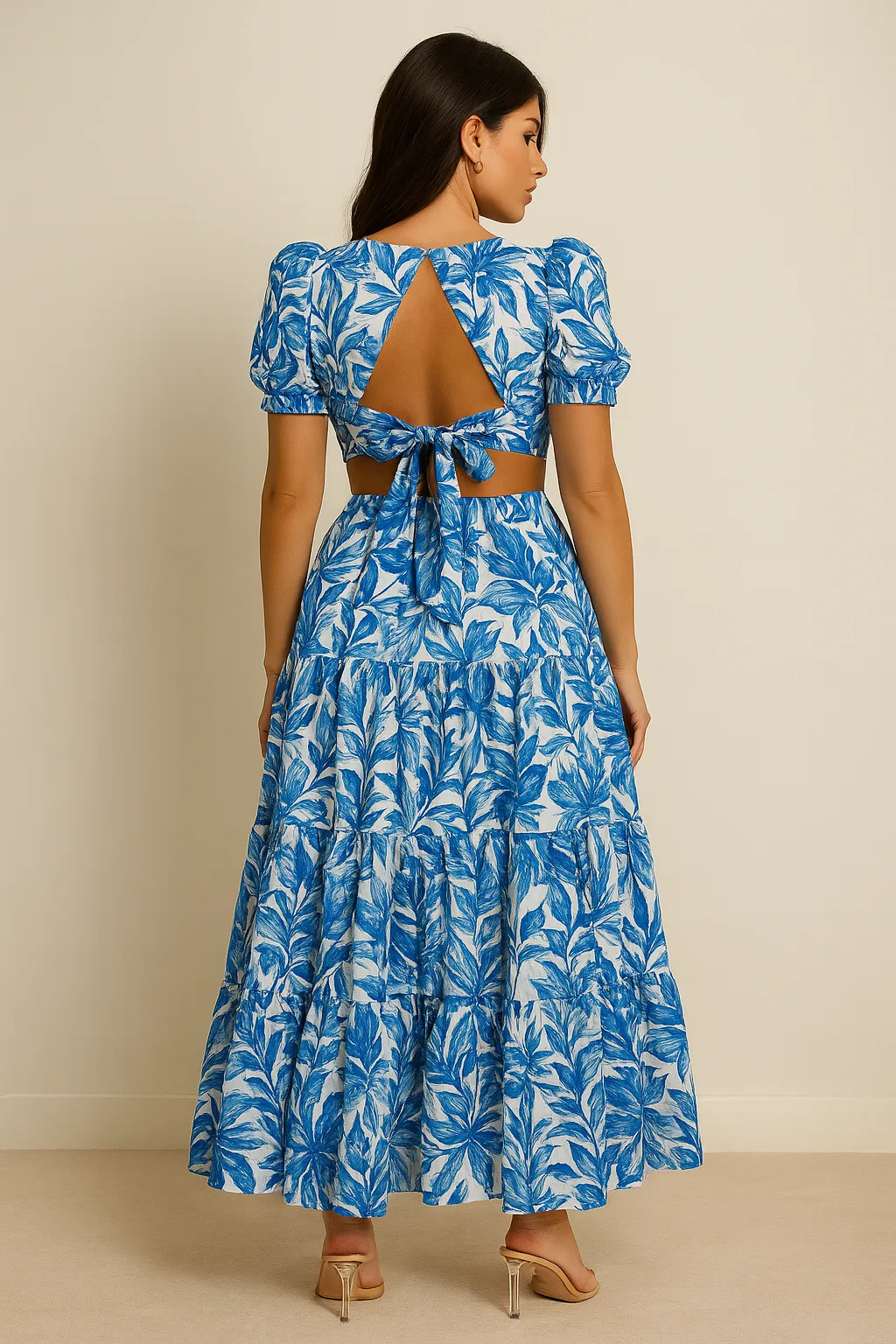 Confident Mood Timeless Waistband Fit Zoe Tiered Cutout Maxi Dress / Blue Floral