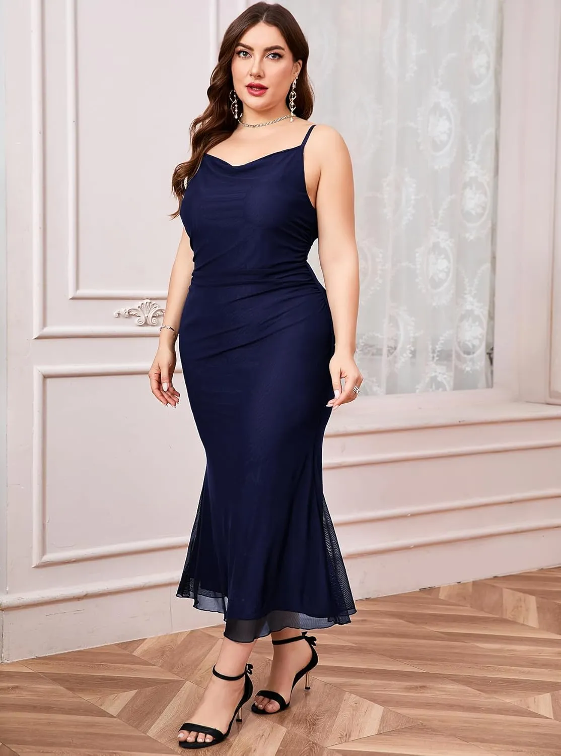 ZOMVA Plus Size Ruched Mesh Dress Mermaid Spaghetti Strap Bodycon Sleeveless Cami Dresses Cocktail Party Wedding Guest
