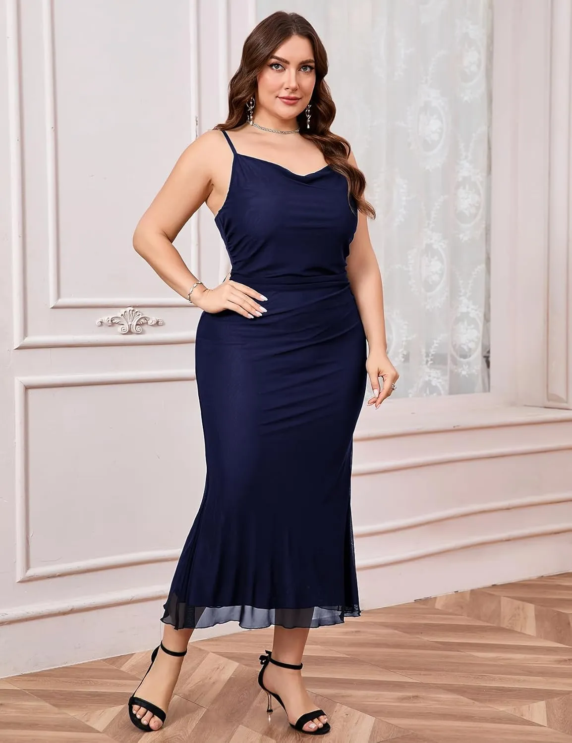 ZOMVA Plus Size Ruched Mesh Dress Mermaid Spaghetti Strap Bodycon Sleeveless Cami Dresses Cocktail Party Wedding Guest