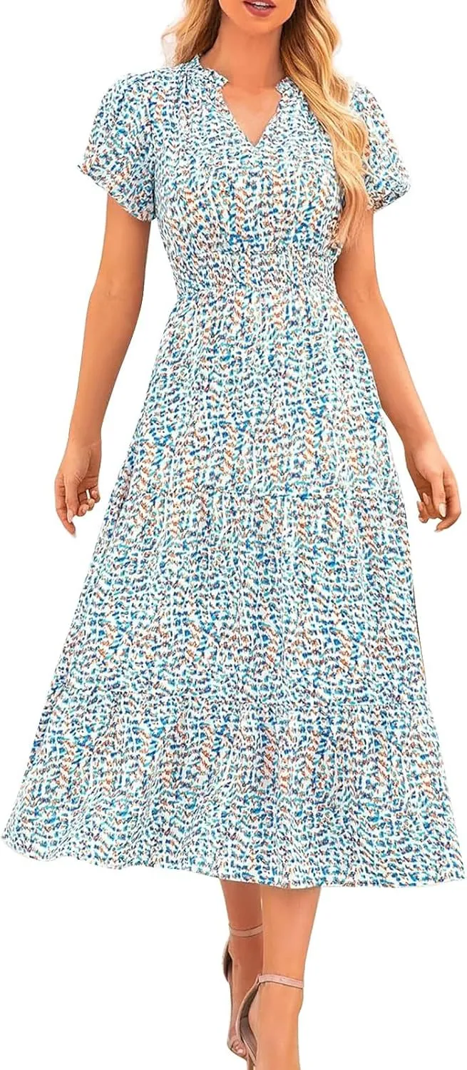 ZYXTIM Woman's Floral V Neck Boho Dress Short Sleeve A-Line Flowy Maxi Beach Vacation Dresses High Waist Wedding Guest Skirts