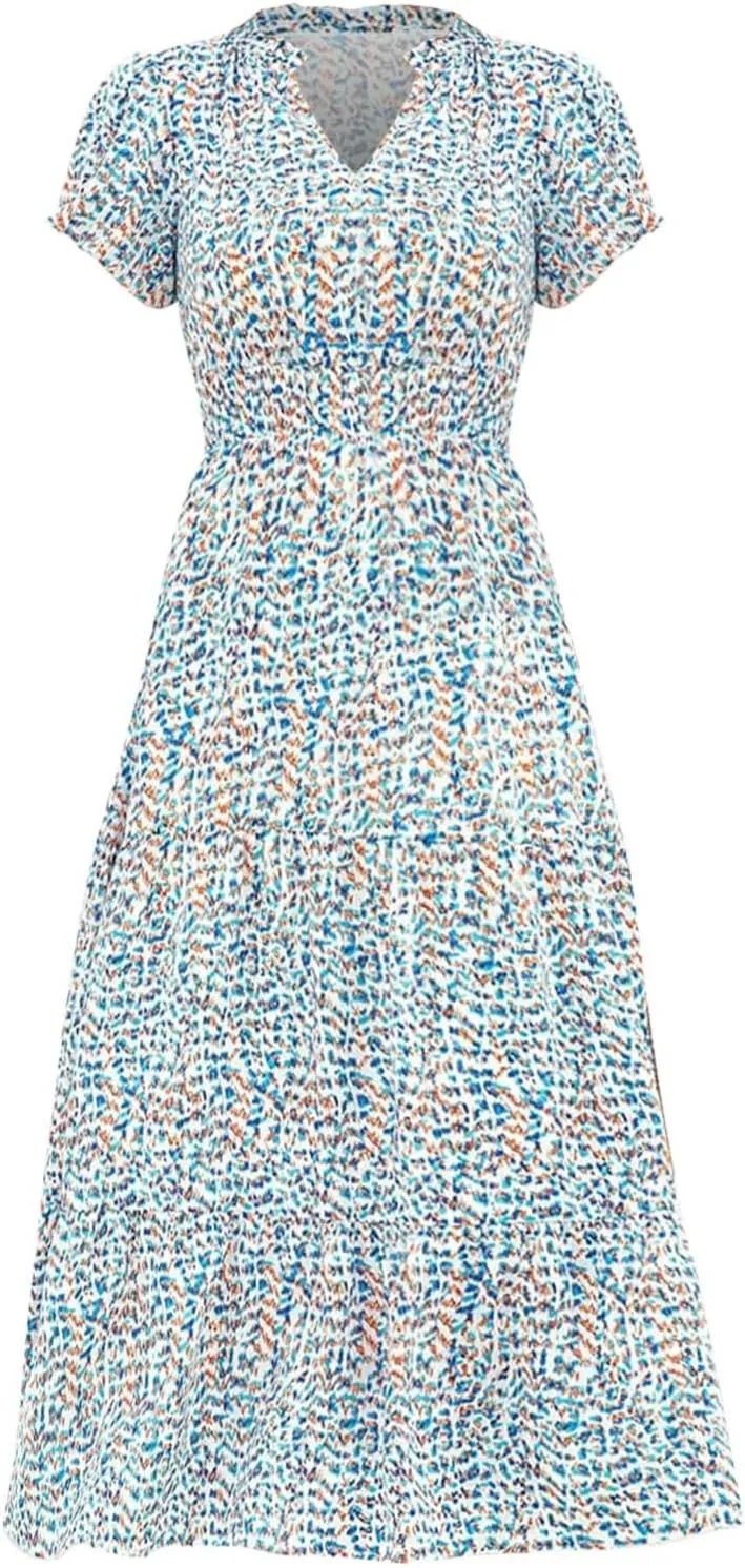 ZYXTIM Woman's Floral V Neck Boho Dress Short Sleeve A-Line Flowy Maxi Beach Vacation Dresses High Waist Wedding Guest Skirts
