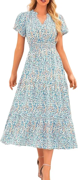 ZYXTIM Woman's Floral V Neck Boho Dress Short Sleeve A-Line Flowy Maxi Beach Vacation Dresses High Waist Wedding Guest Skirts