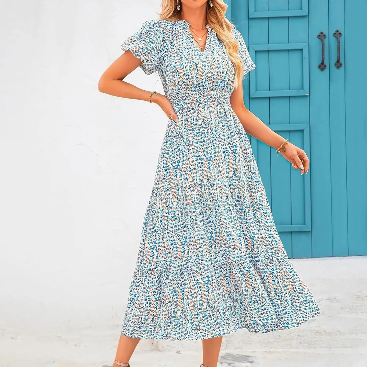 ZYXTIM Woman's Floral V Neck Boho Dress Short Sleeve A-Line Flowy Maxi Beach Vacation Dresses High Waist Wedding Guest Skirts